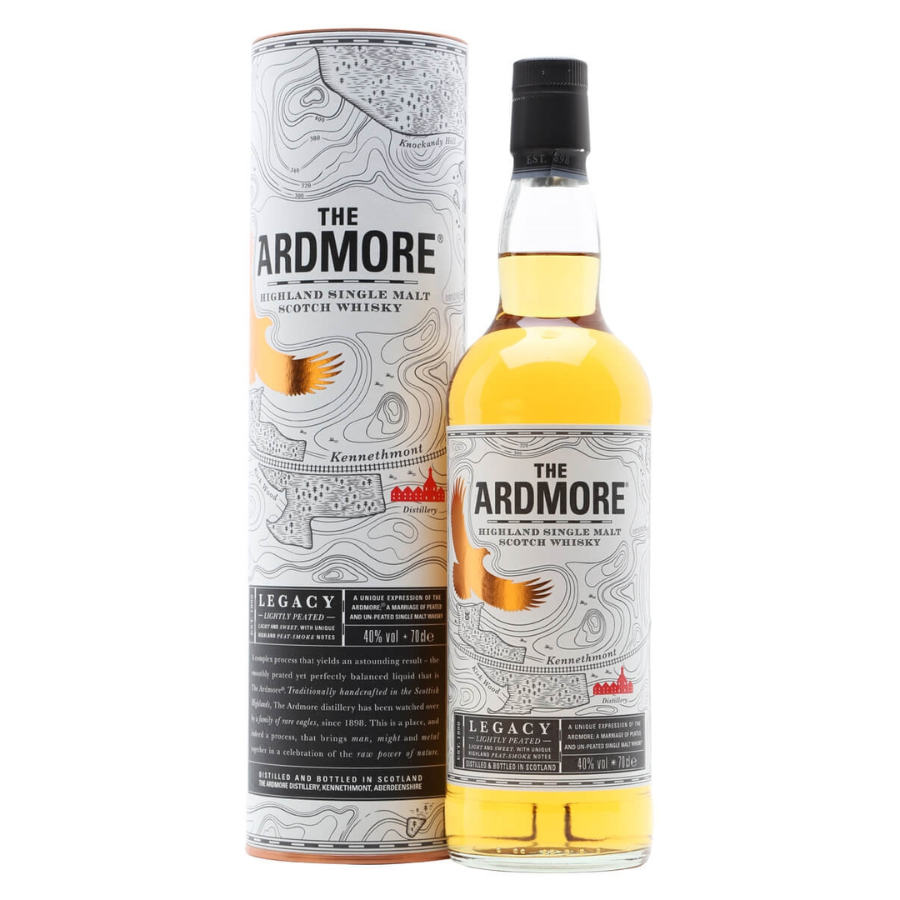 Ardmore Legacy bottle alongside its branded box featuring landscape and eagle artwork in muted earth tones.