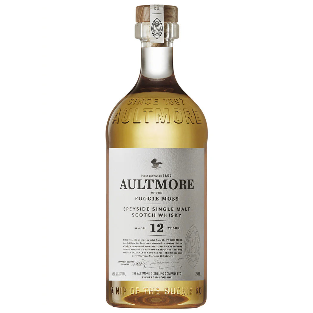 Aultmore 12 foggie moss scotch whisky bottle in the white back ground