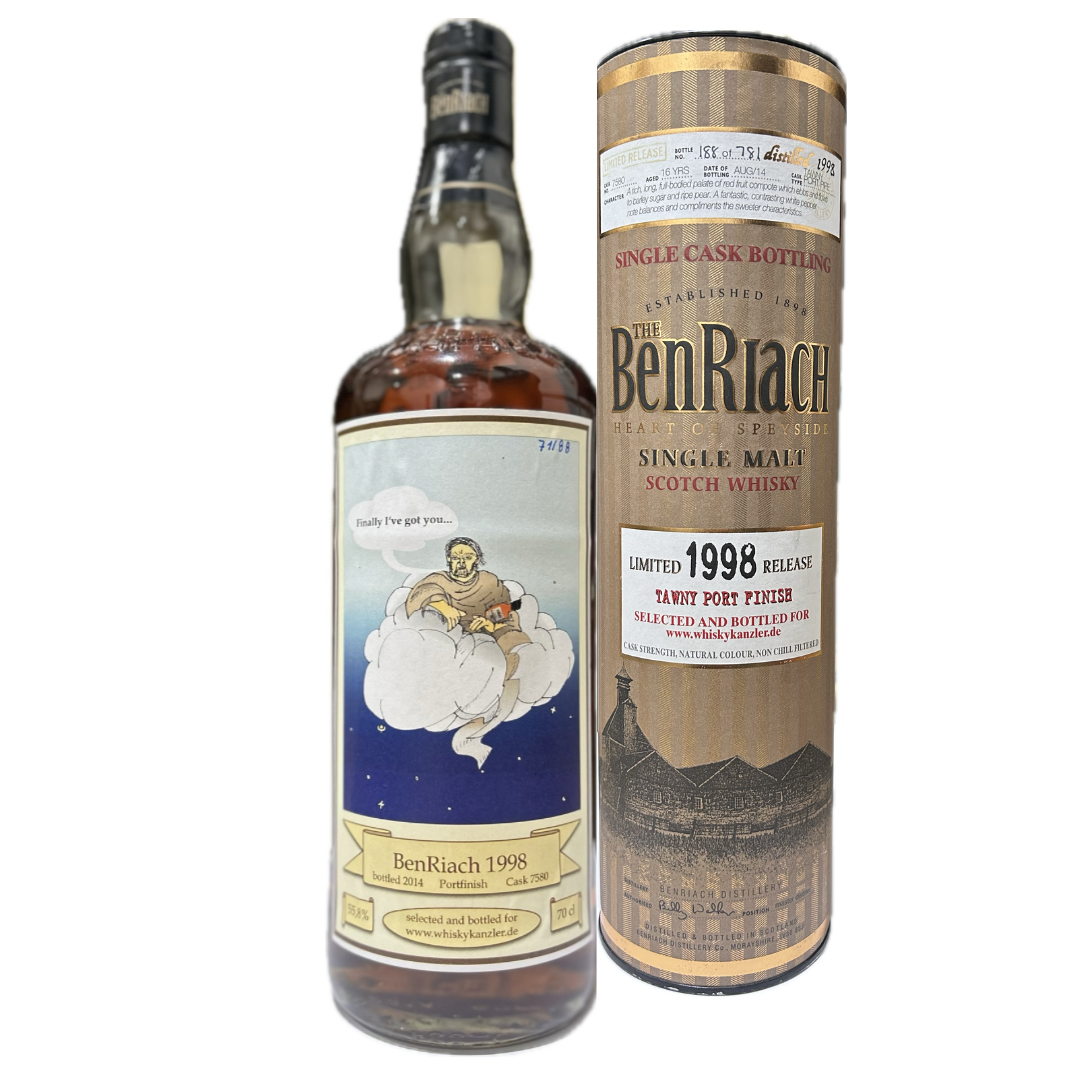 Benriach 1998 Cask Strength Tawny Port Finish 16 Year Old whisky bottle and the box in the white background