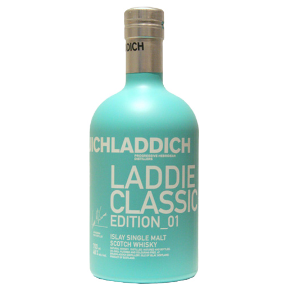 Bottle of Bruichladdich Laddie Classic Edition single malt Scotch whisky with a turquoise label on a white background.