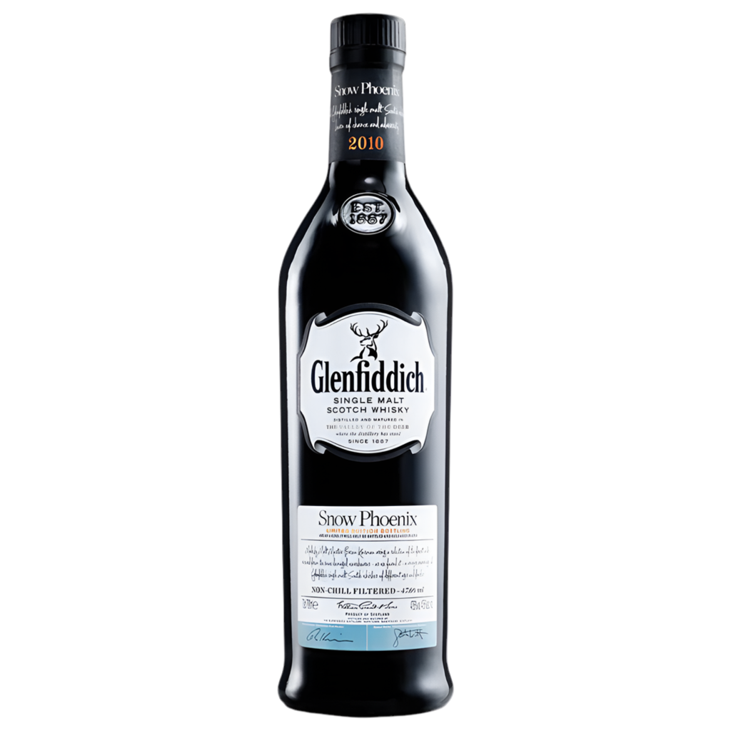 Glenfiddich Snow Phoenix bottle alongside its silver Label
