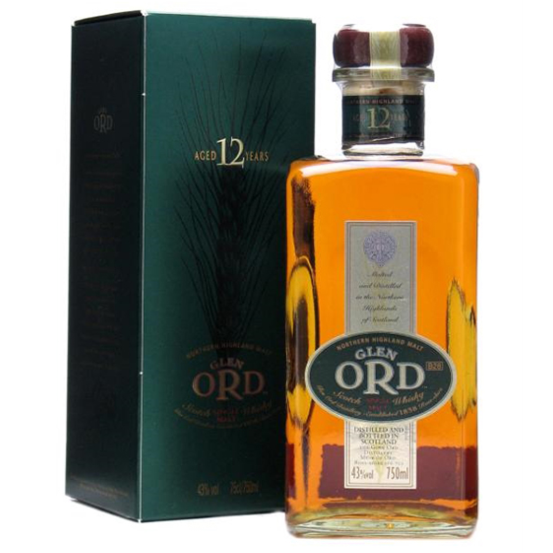 Glen Ord 12 yo Older Bottling Whisky Bottle and box in the white background.