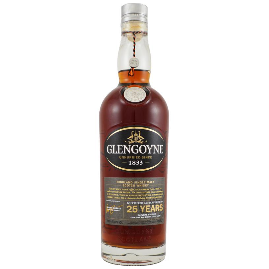 A bottle of Glengoyne 25 Year Old single malt Scotch whisky, with a label indicating its age and brand.