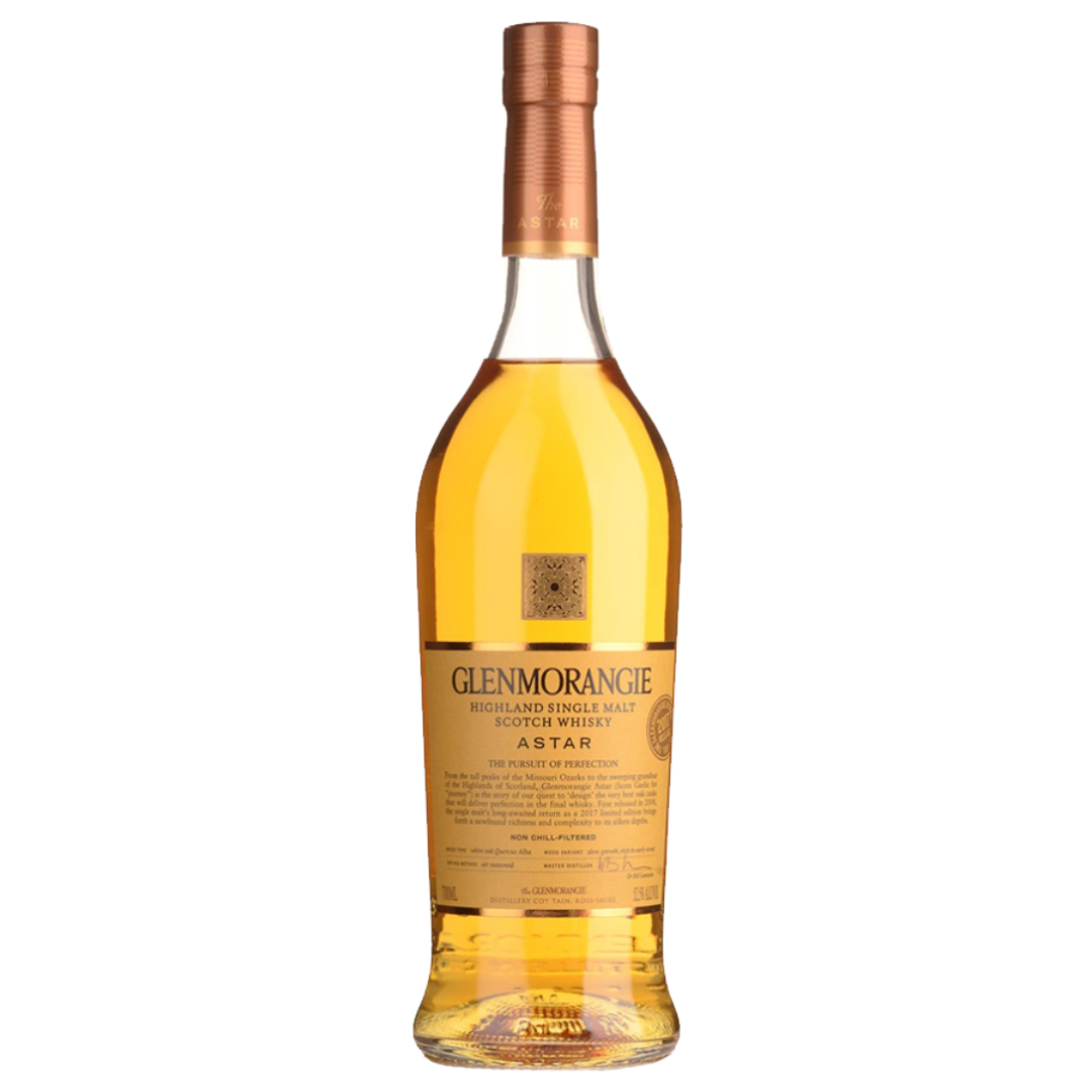 A bottle of Glenmorangie Astar 2017 single malt Scotch whisky with a clear label and cap, against a plain background.