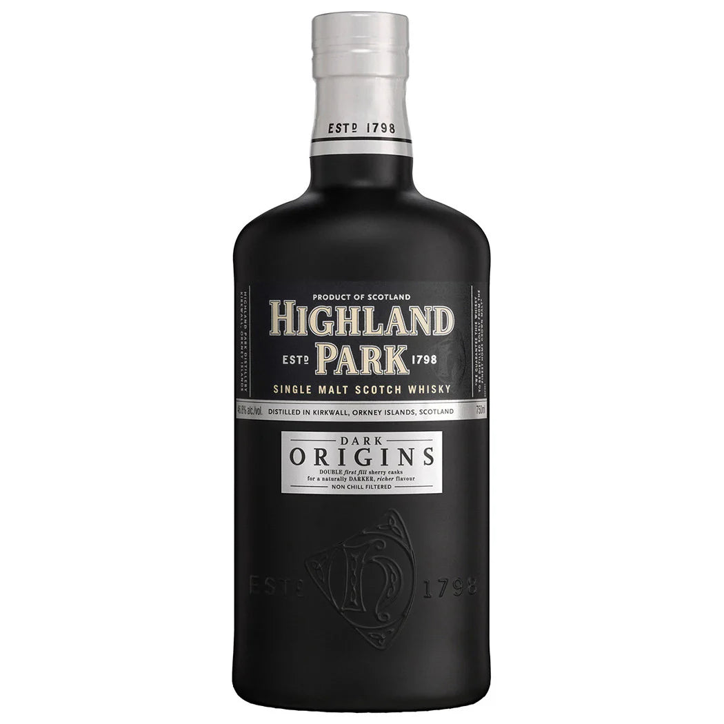 Highland Park Dark Origins Single Malt Whisky black bottle in the white background.
