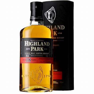 Highland Park 18 Old Presentation Bottle and Box in the white background.