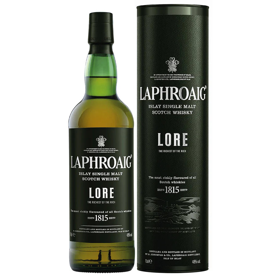 Laphroaig Lore bottle and a whisky box