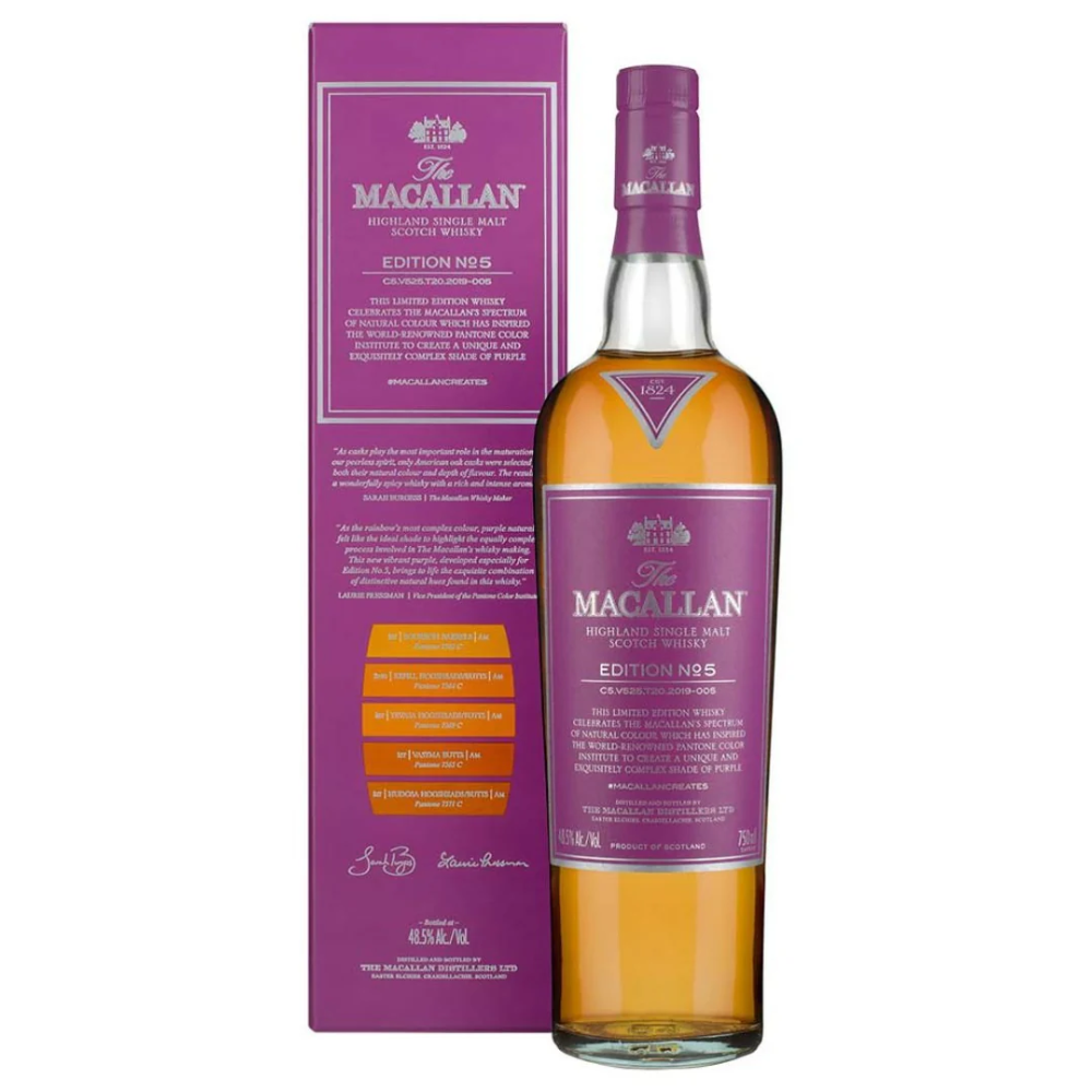 The Macallan Edition No.5 whisky bottle with a box on a white background.