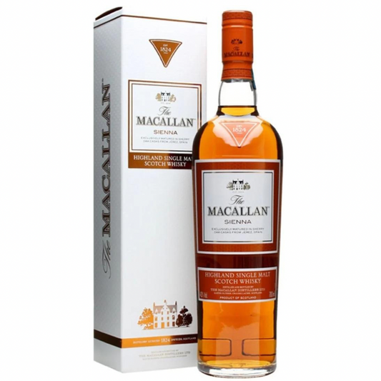 The Macallan 1824 Sienna bottle and box in the white background