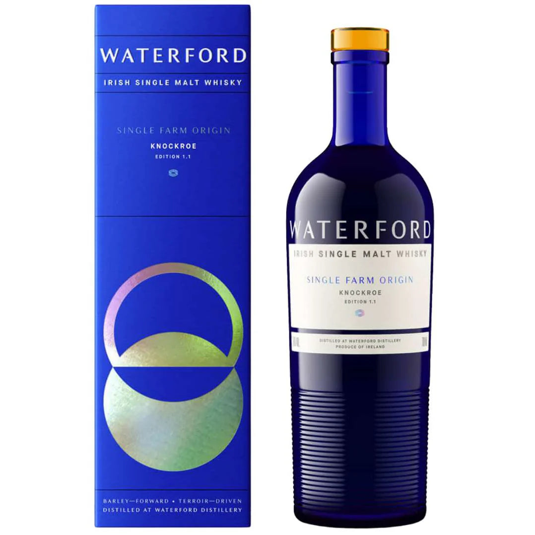 Blue Waterford Knockroe 1.1 Irish Bottle with box on the white back ground