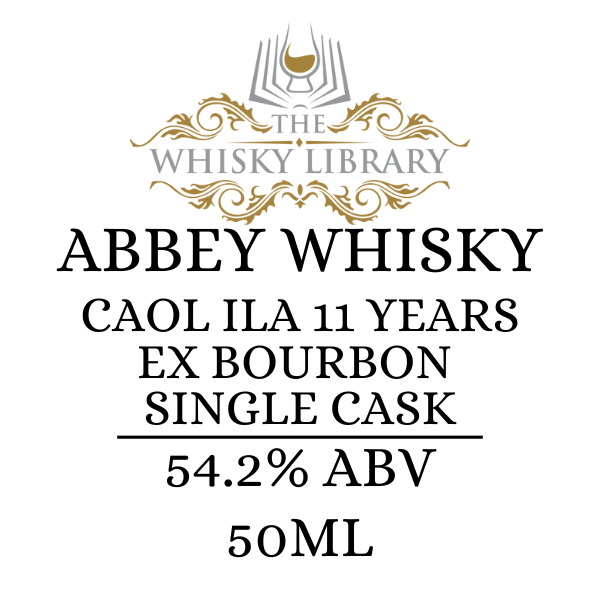 Label for Abbey Whisky Caol Ila 11 Years Ex Bourbon Single Cask from The Whisky Library on a white background.