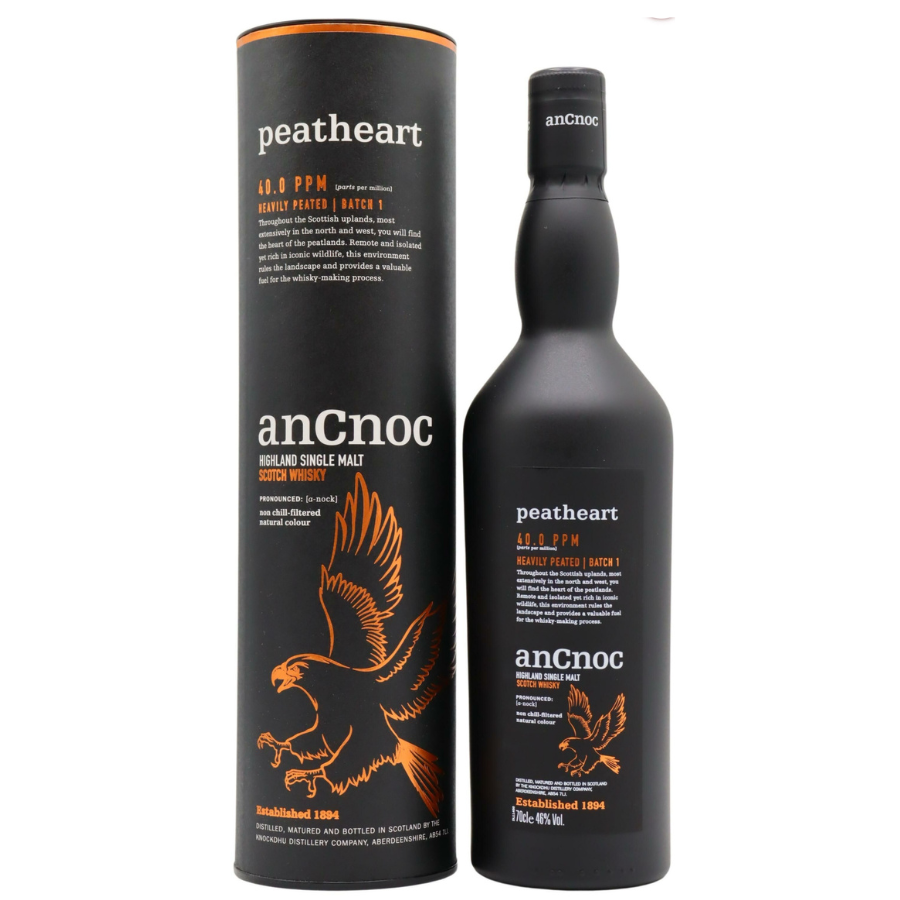 anCnoc peatheart whisky bottle and packaging on a white background