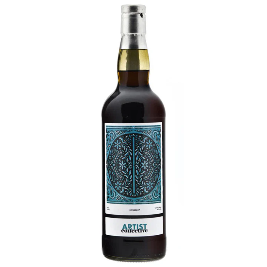 Wine bottle with decorative label on a white background