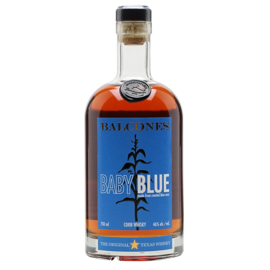 Balcones Baby Blue corn whiskey bottle on a white background