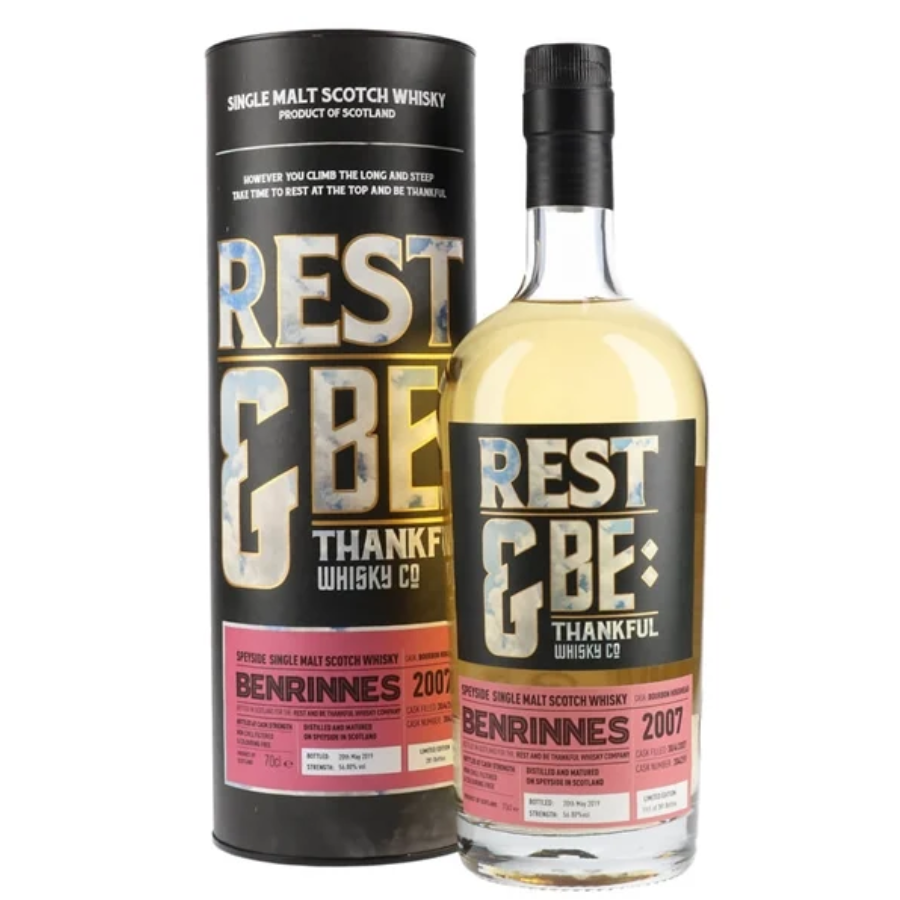 Bottle and packaging of Rest & Be Thankful Benrinnes 2007 whisky on a white background