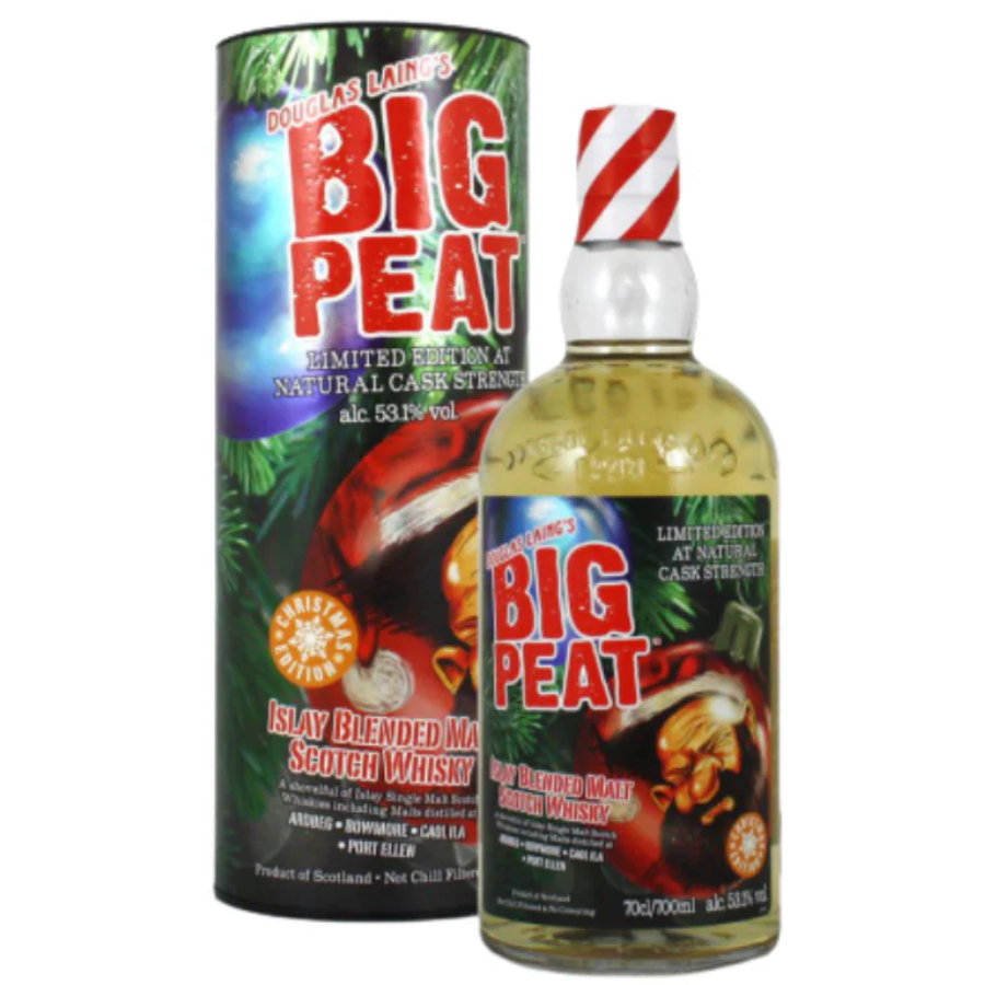 Douglas Laing's Big Peat whisky bottle and packaging on a white background