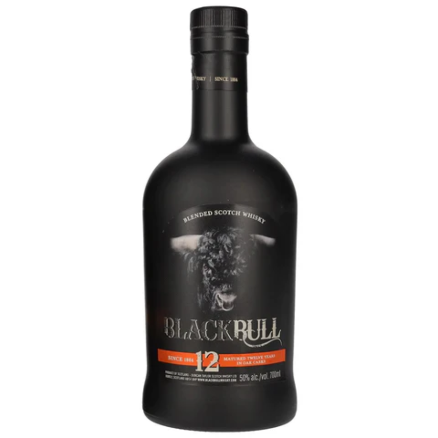 Black Bull blended Scotch whisky bottle on a white background