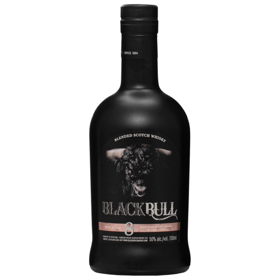 Black Bull blended Scotch whisky bottle on a white background