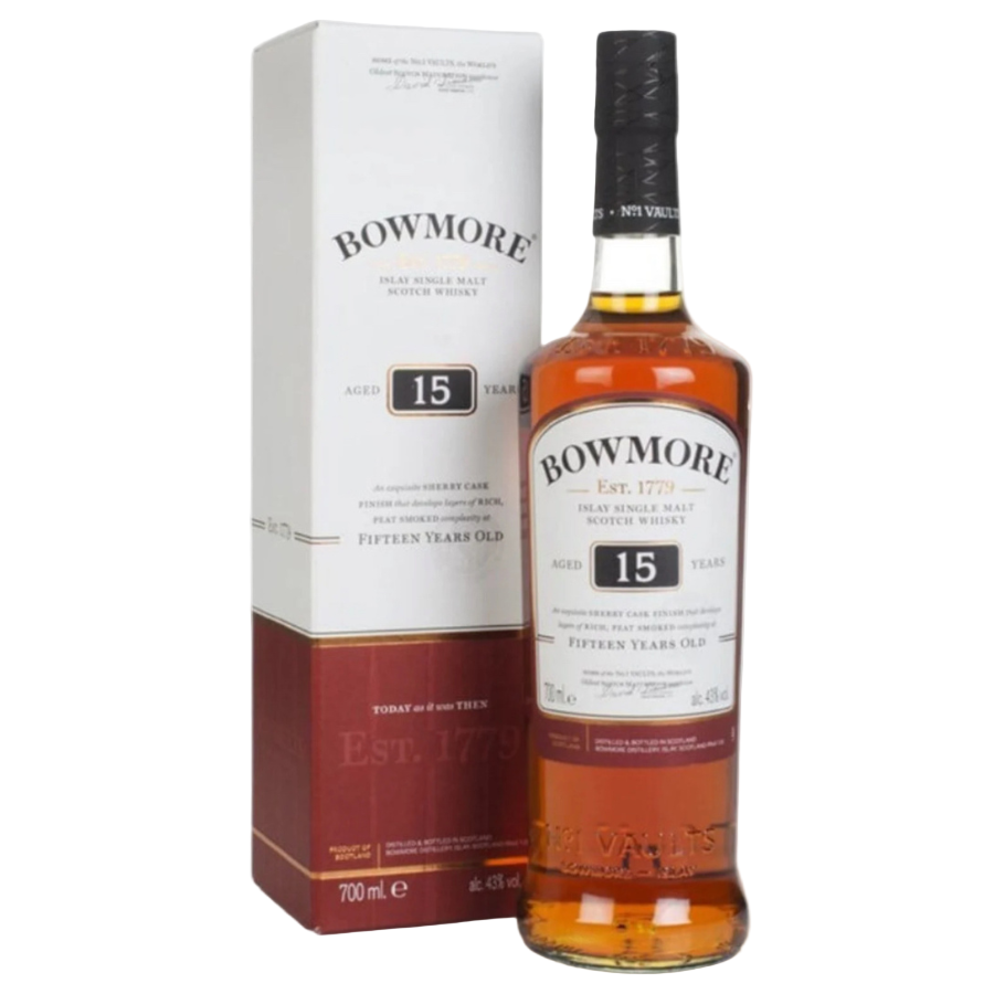 Bowmore 15-year-old whisky bottle and box on a white background