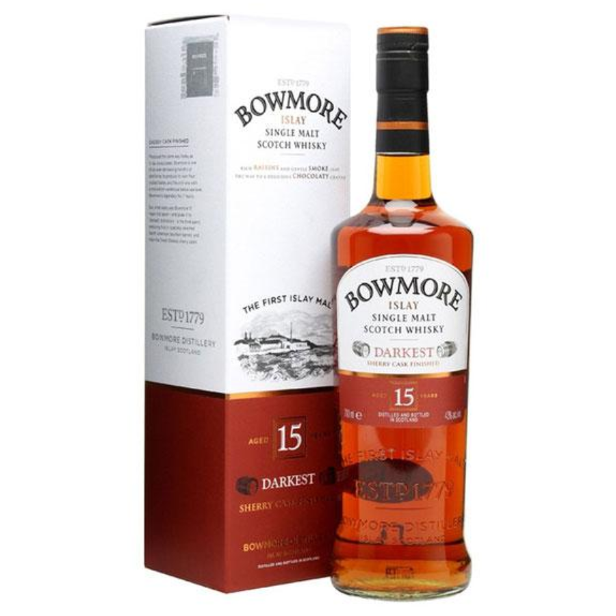 Bowmore whisky bottle and packaging on a white background