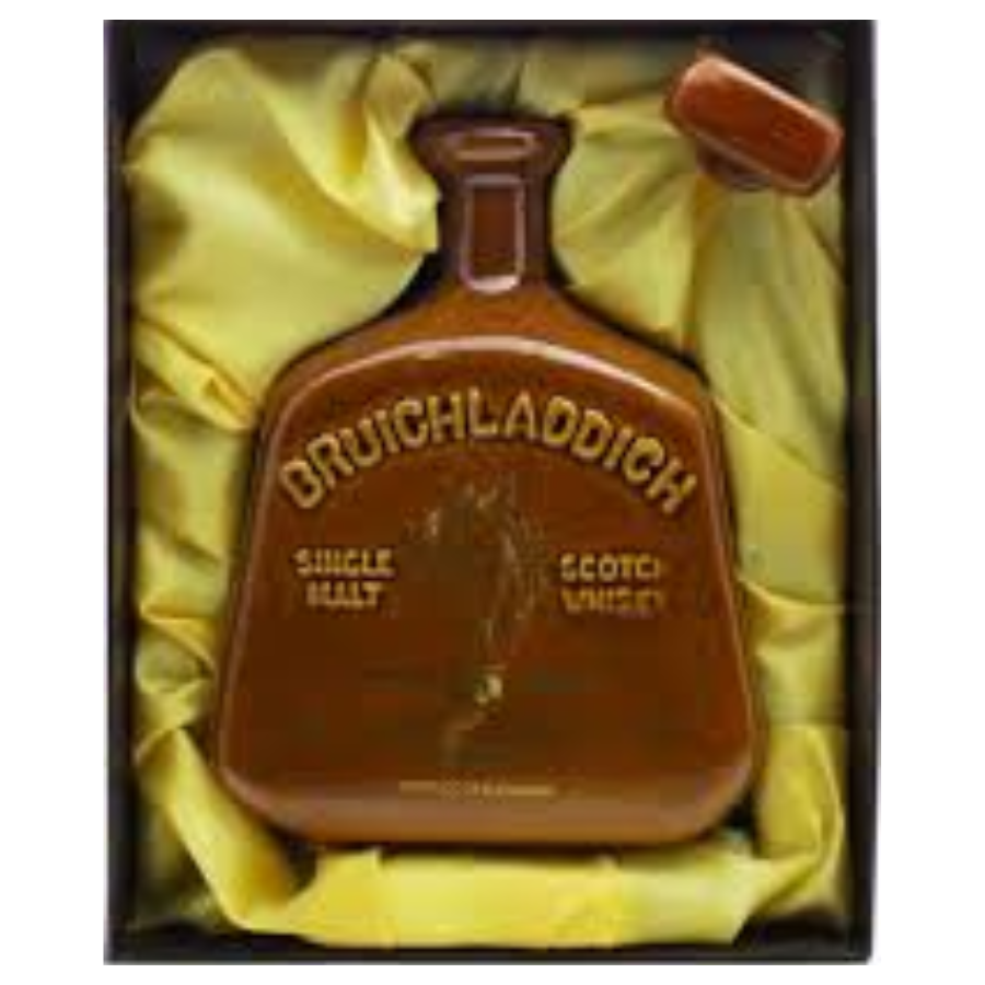 Brachladdich single malt Scotch whisky in the ceramic bottle in a box with yellow lining.