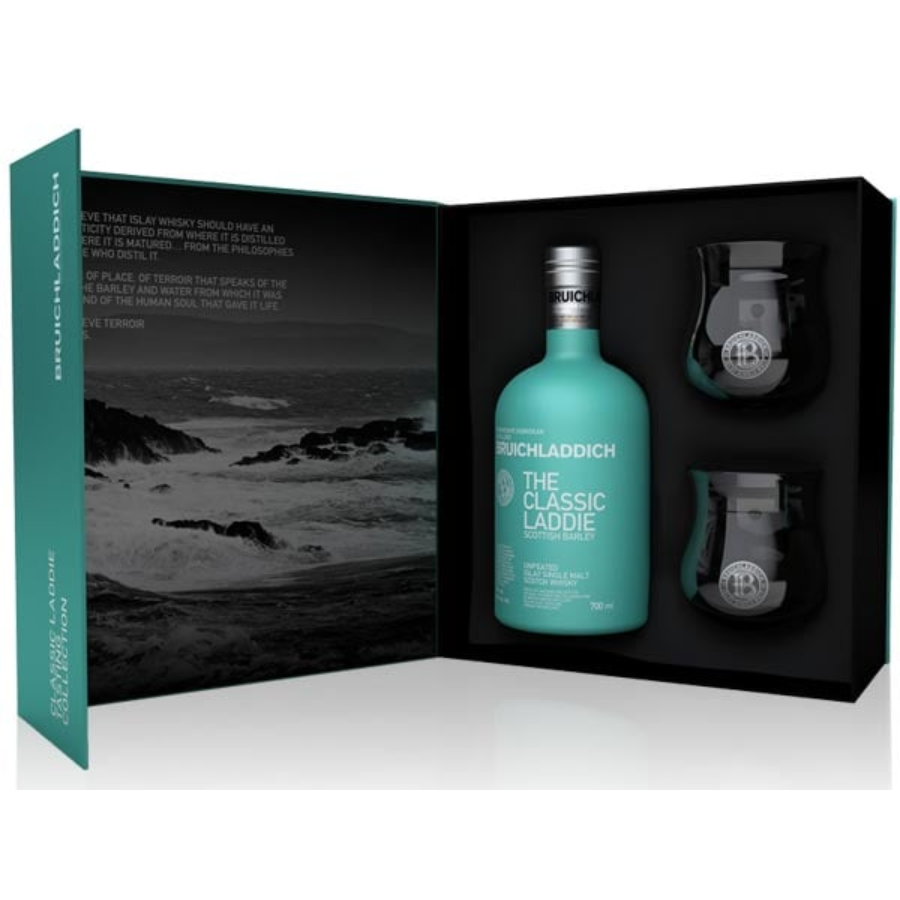 Bruichladdich whisky bottle and glasses set in a box with a scenic image on the side.