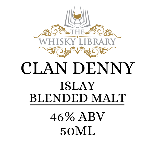 Label for Clan Denny Islay Blended Malt whisky from The Whisky Library on a white background.