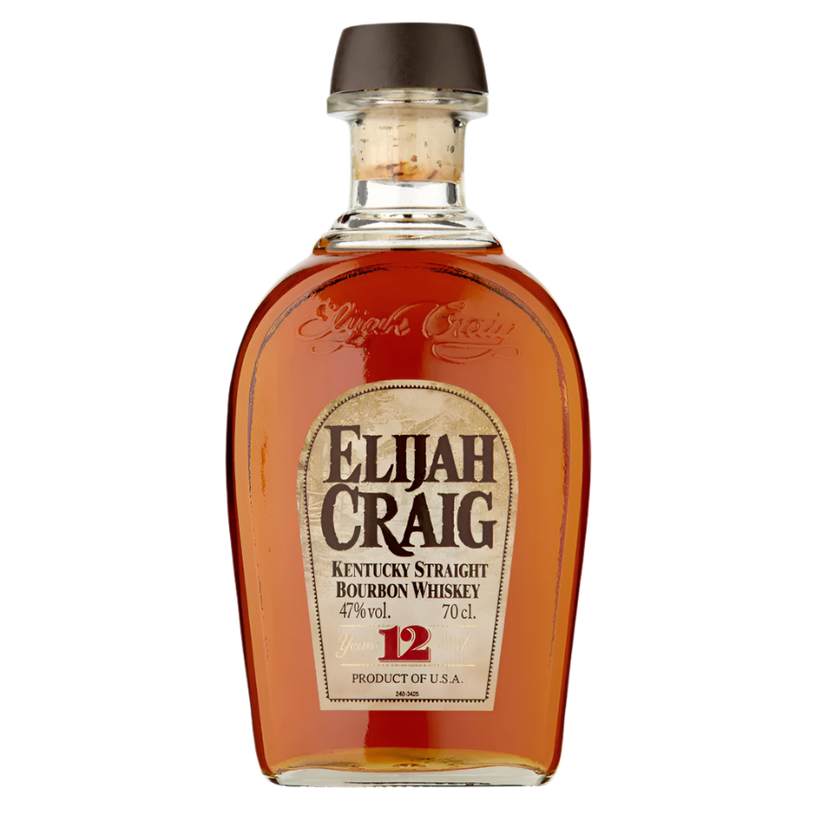 Bottle of Elijah Craig Kentucky Straight Bourbon Whiskey on a white background