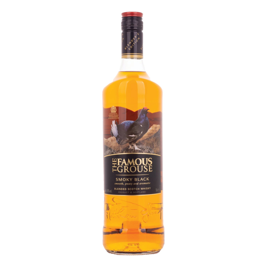 Bottle of The Famous Grouse Smoky Black whisky on a white background