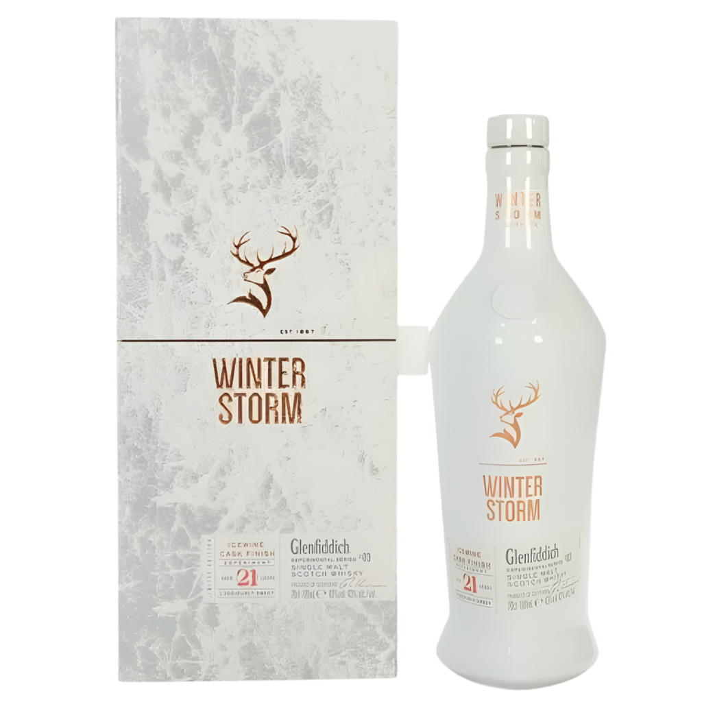 Glenfiddich Winter Storm bottle and packaging on a white background