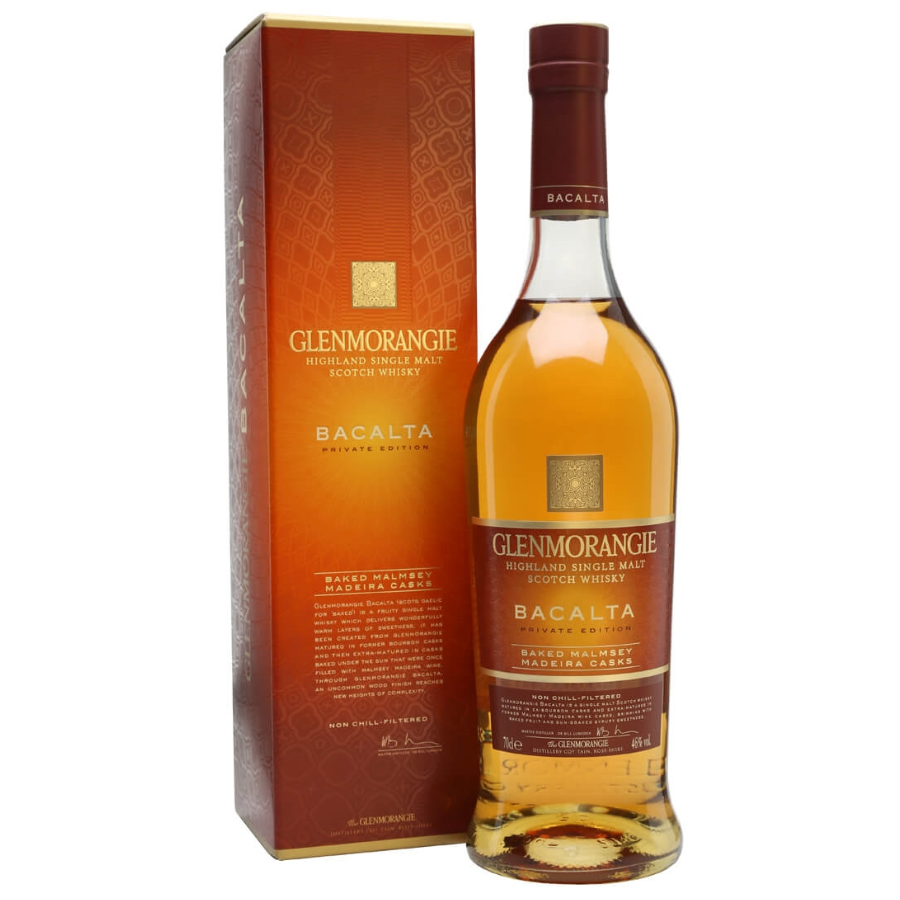 Glenmorangie Bacalta whisky bottle and box on a white background