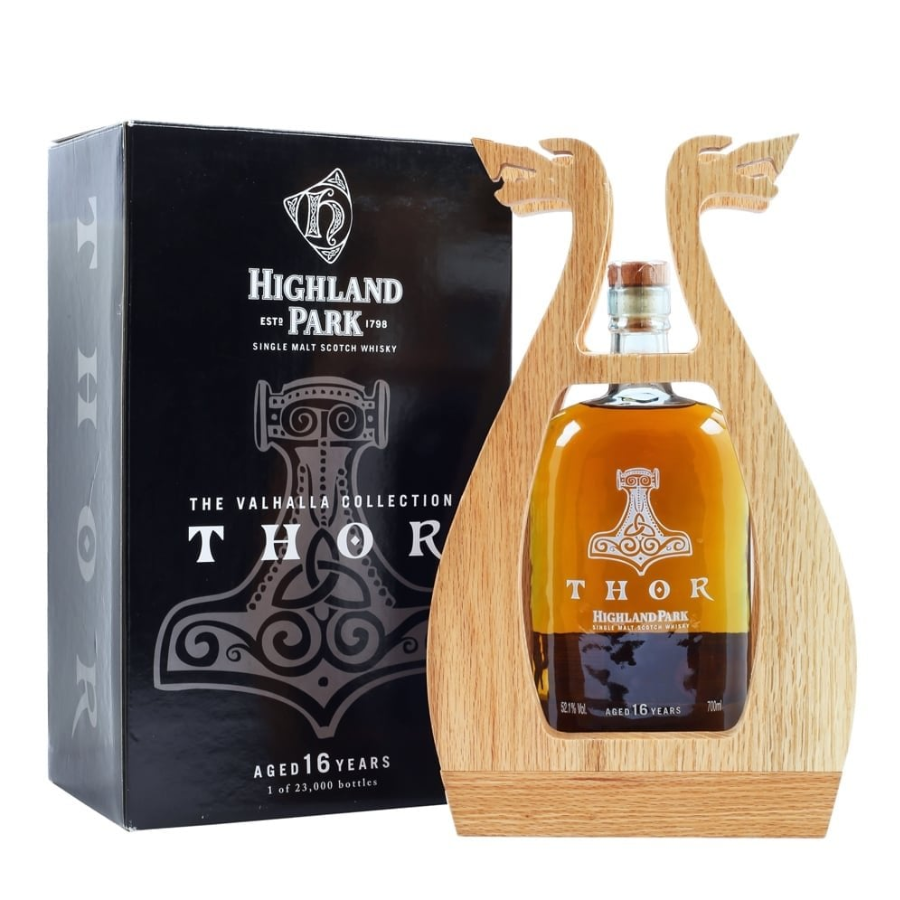 Highland Park Thor whisky bottle and packaging on a white background