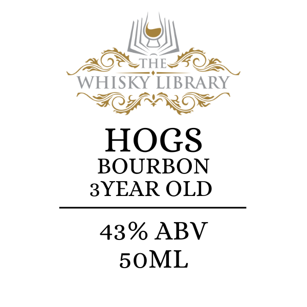 Label for Hogs Bourbon 3 Year Old whisky from The Whisky Library on a white background