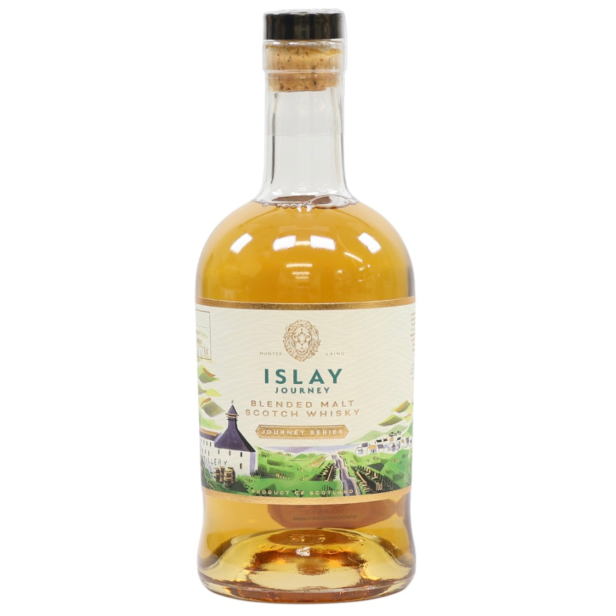 Bottle of Islay Journey blended malt Scotch whisky on a white background