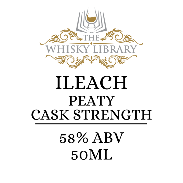 Label for Ileach Peaty Cask Strength whisky from The Whisky Library on a white background