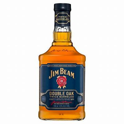 A bottle of Jim Beam Double Oak Kentucky straight bourbon whiskey with a navy label and gold accents.