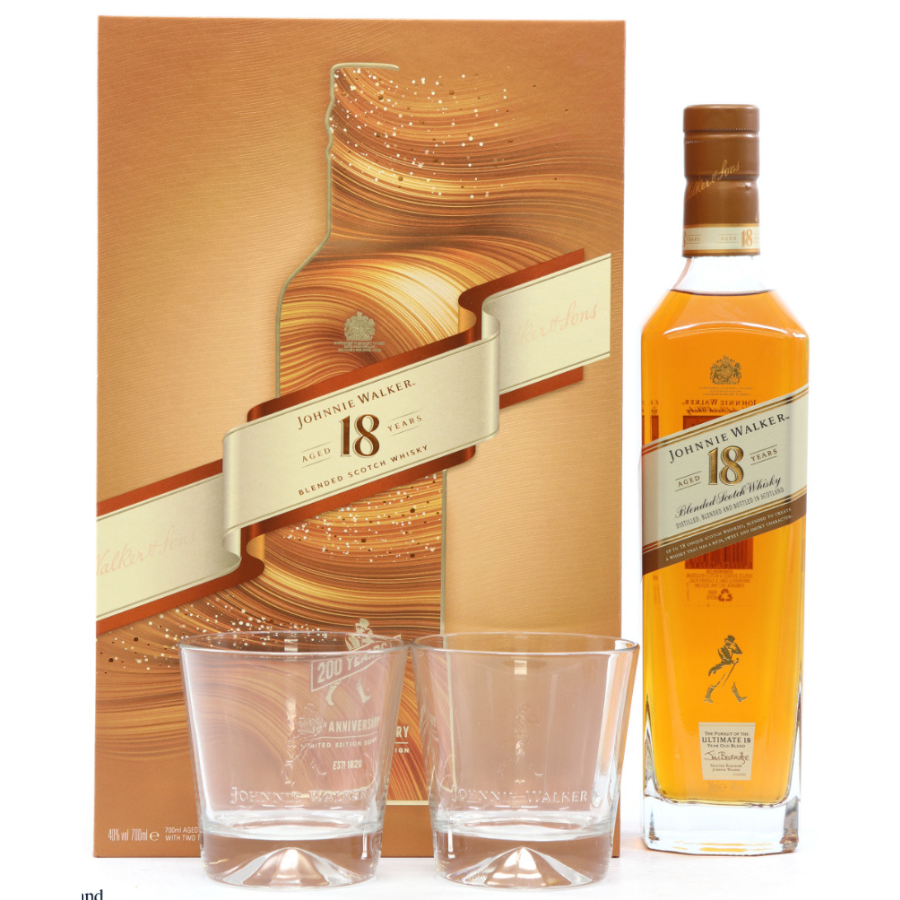 Johnnie Walker 18-year-old whisky set with bottle, glasses, and box on a white background