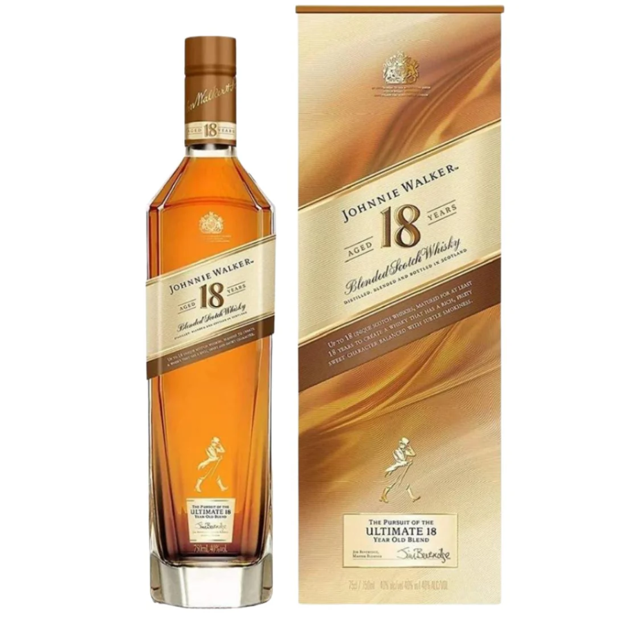 Johnnie Walker 18-year-old whisky bottle and packaging on a white background
