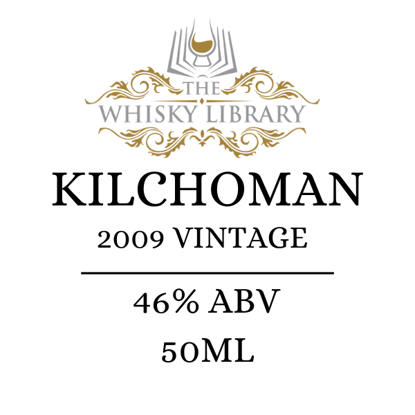 Kilchoman 2009 Vintage whisky label with The Whisky Library branding.