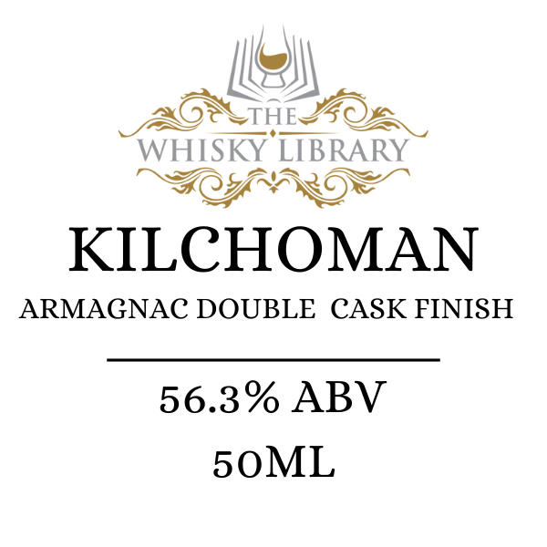 Kilchoman Armagnac Double Cask Finish whisky label with The Whisky Library branding.