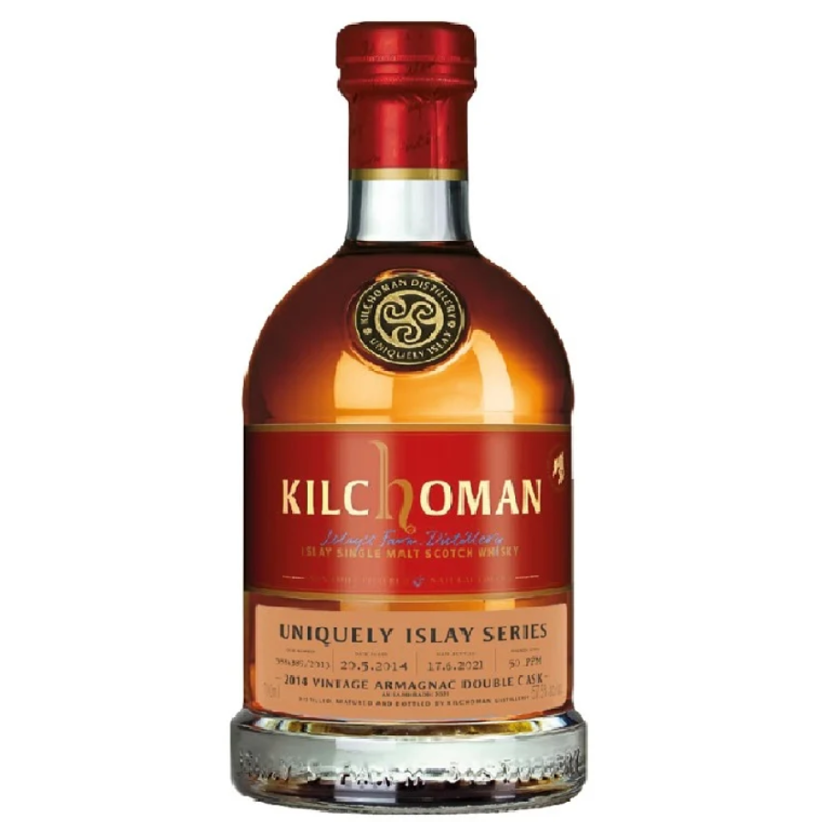 Kilchoman whisky bottle with red cap and label on a white background
