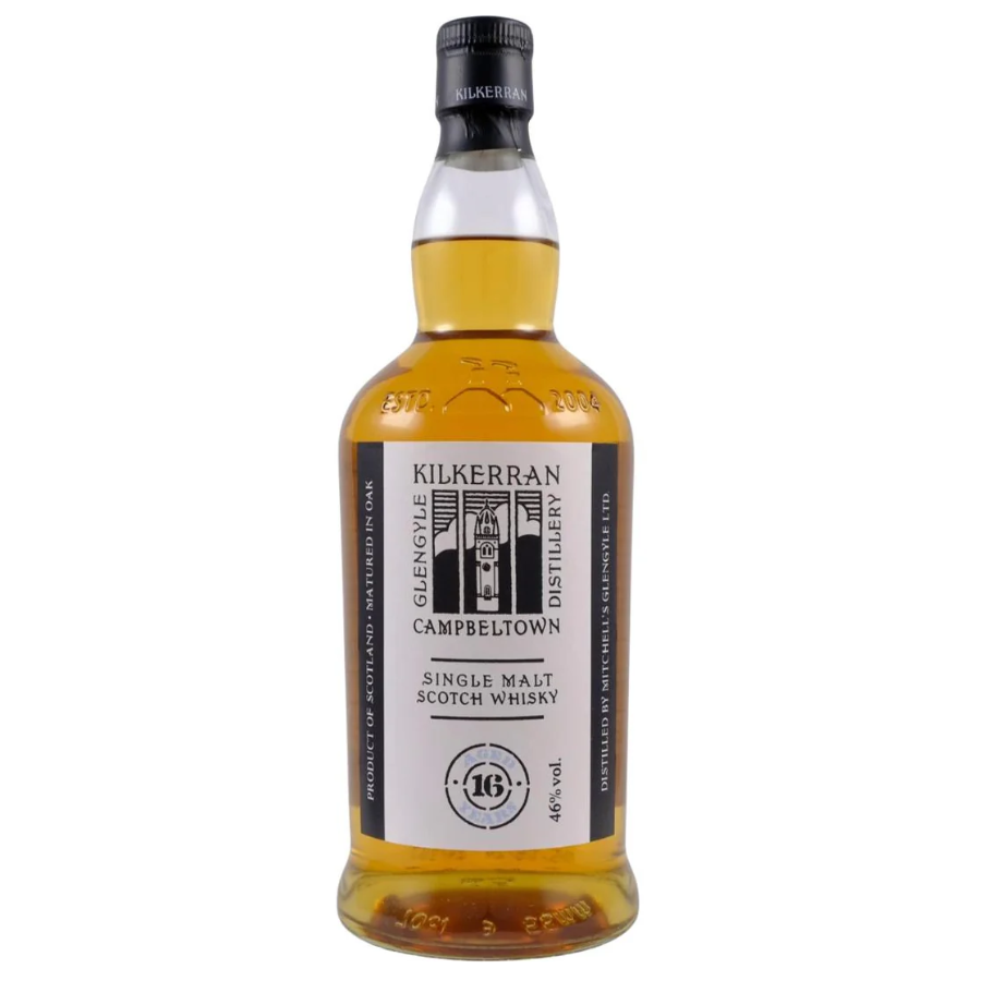 Bottle of Kilkerran 16 yo Single Malt Scotch Whisky on a white background