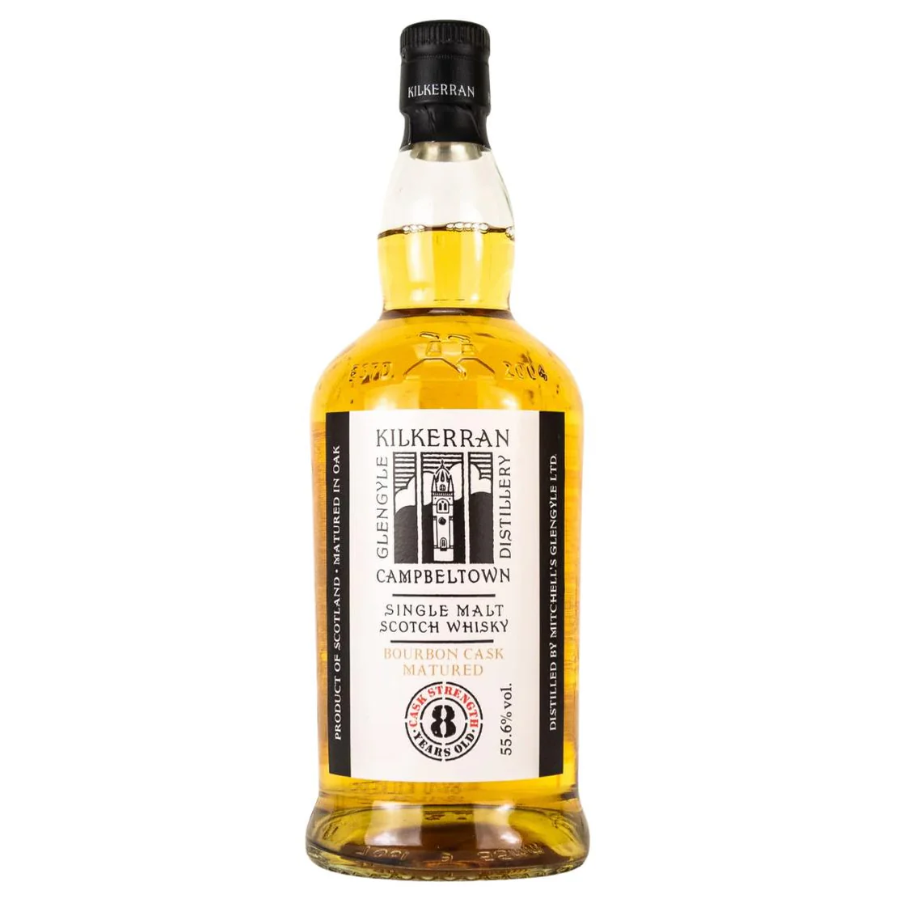 Kilkerran bourbon cask Campbeltown single malt Scotch whisky bottle on a white background
