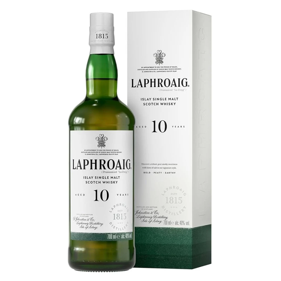 Laphroaig 10 Year Old Cask Strength Batch 17 with box on a white background
