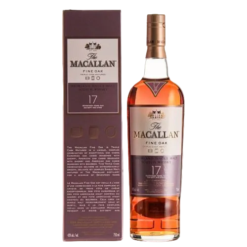 Macallan 17 year old fine oak whisky bottle and box on a white background