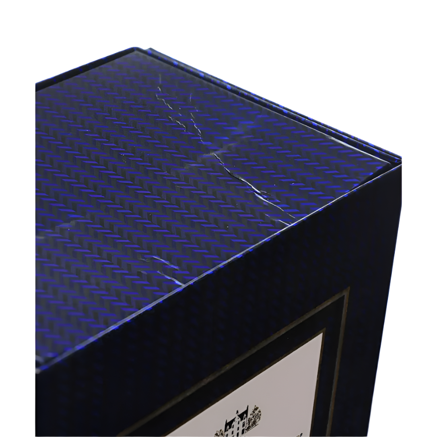Black and blue textured box top with a brand logo on a white background