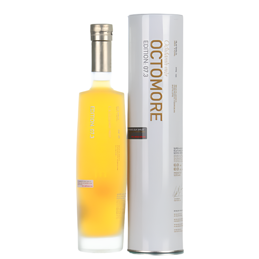 Octomore 7.3 bottle and packaging on a white background