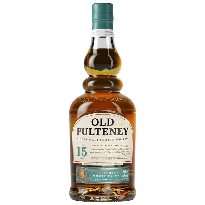 A bottle of Old Pulteney 15 Year Old single malt Scotch whisky, with a label displaying the brand and age.