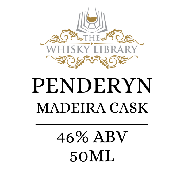 Penderyn Madeira Cask whisky label with 'The Whisky Library' branding on a white background.