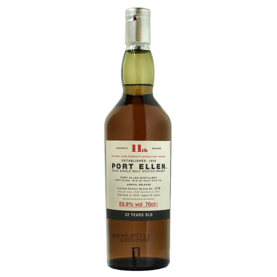 32 year old bottle of Port Ellen whisky on a white background